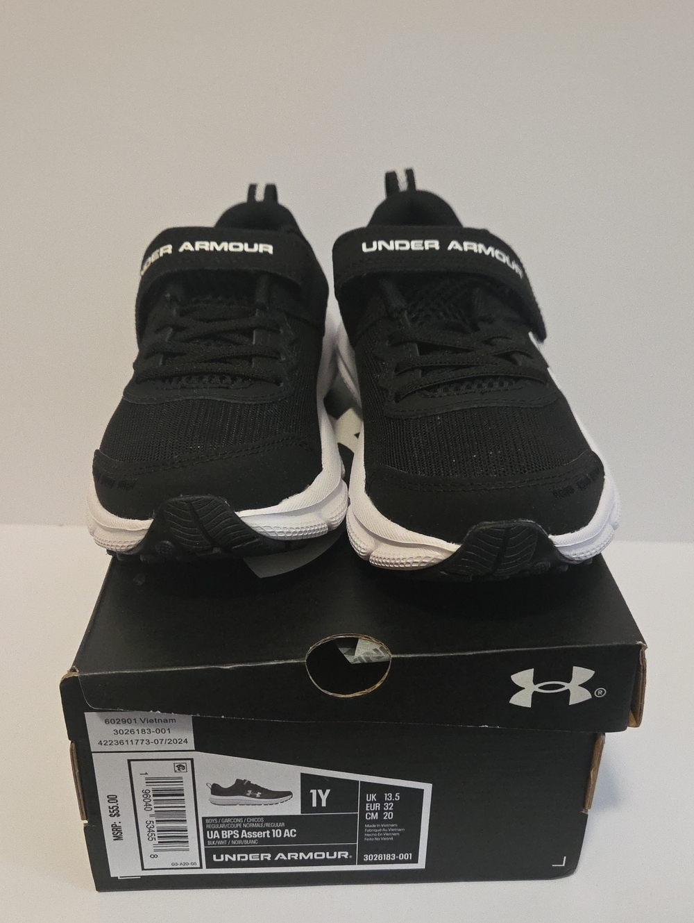 Under Armour Black and White Kids' Athletic Sneakers with Hook-and-Loop Strap